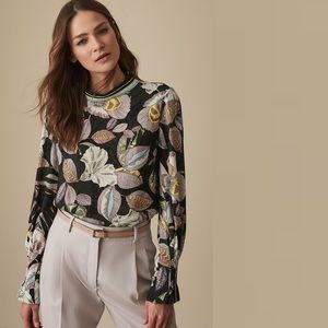 NWT Reiss Size US 6 Flora Print Blouse Black
